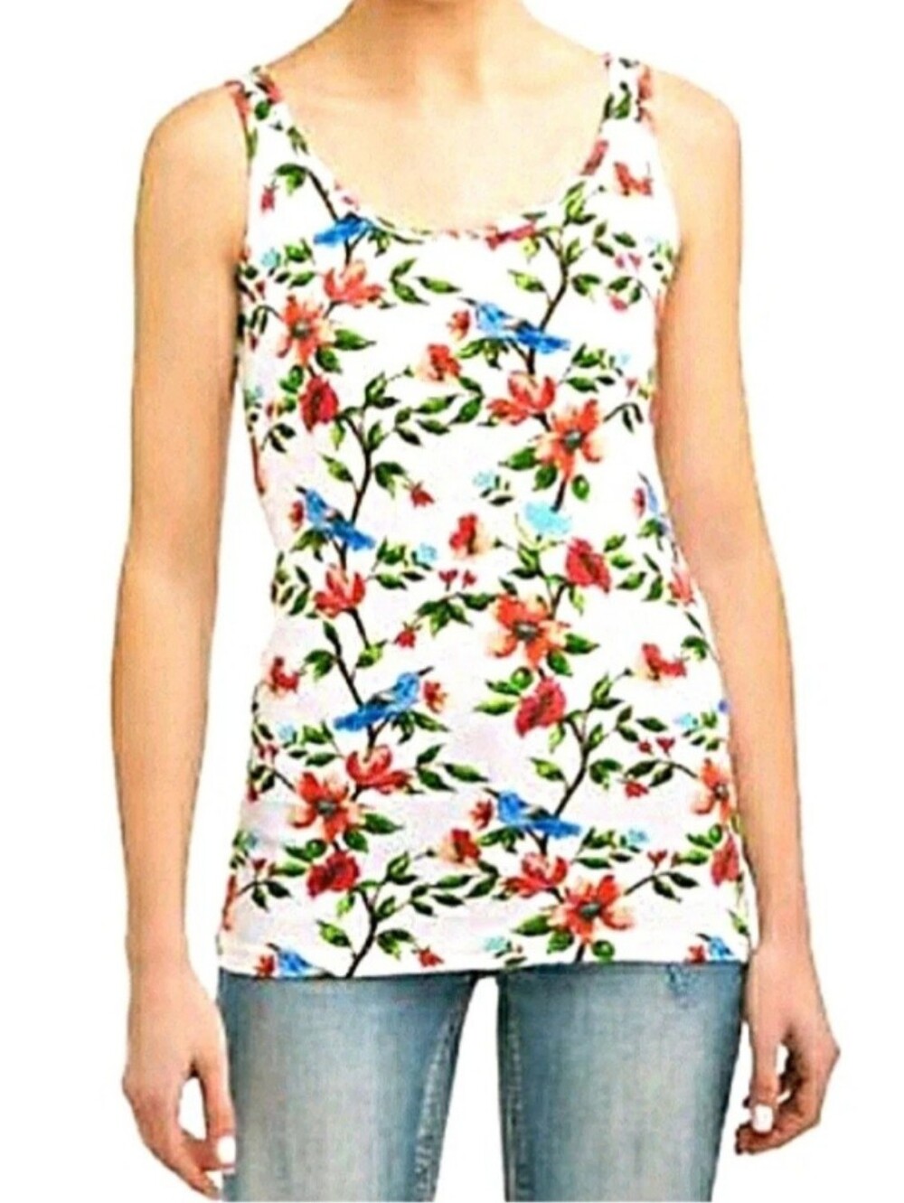 TIME AND TRU Ribbed Scoop Neck Tank Top Floral And Bird Print Size Large